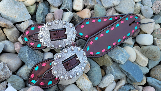 Metallic Pink & Turquoise Buckstitch Belt Style Spur Straps
