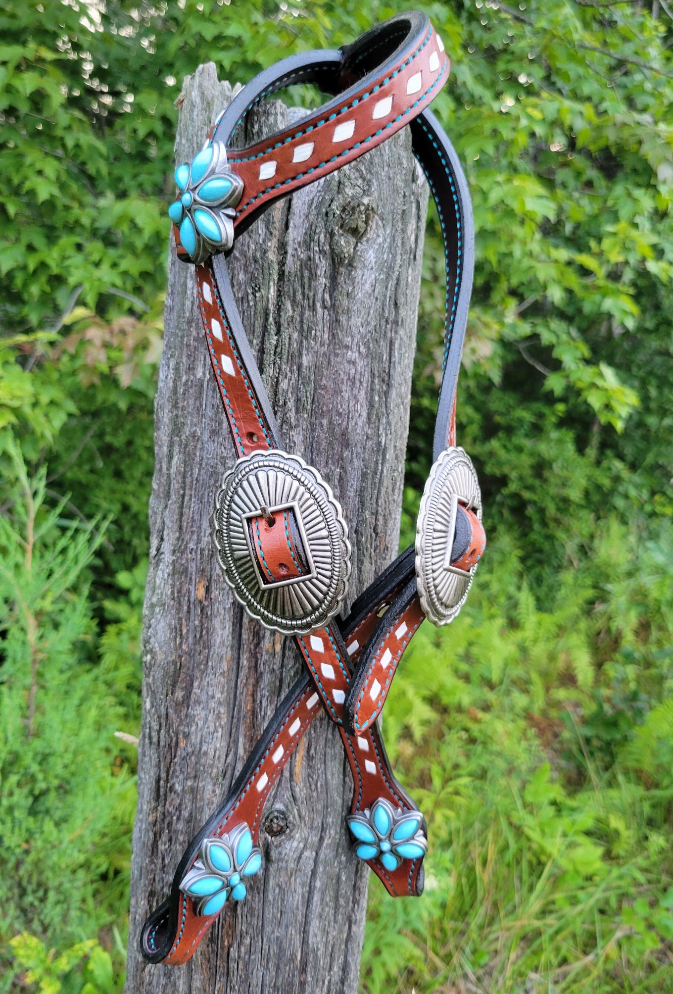 Turquoise Flower & White Buckstitch One Ear Headstall