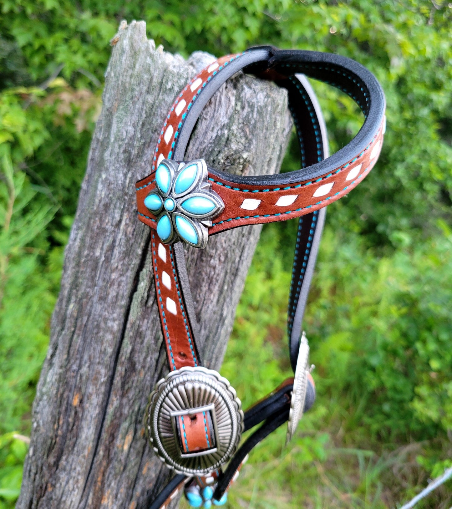 Turquoise Flower & White Buckstitch One Ear Headstall