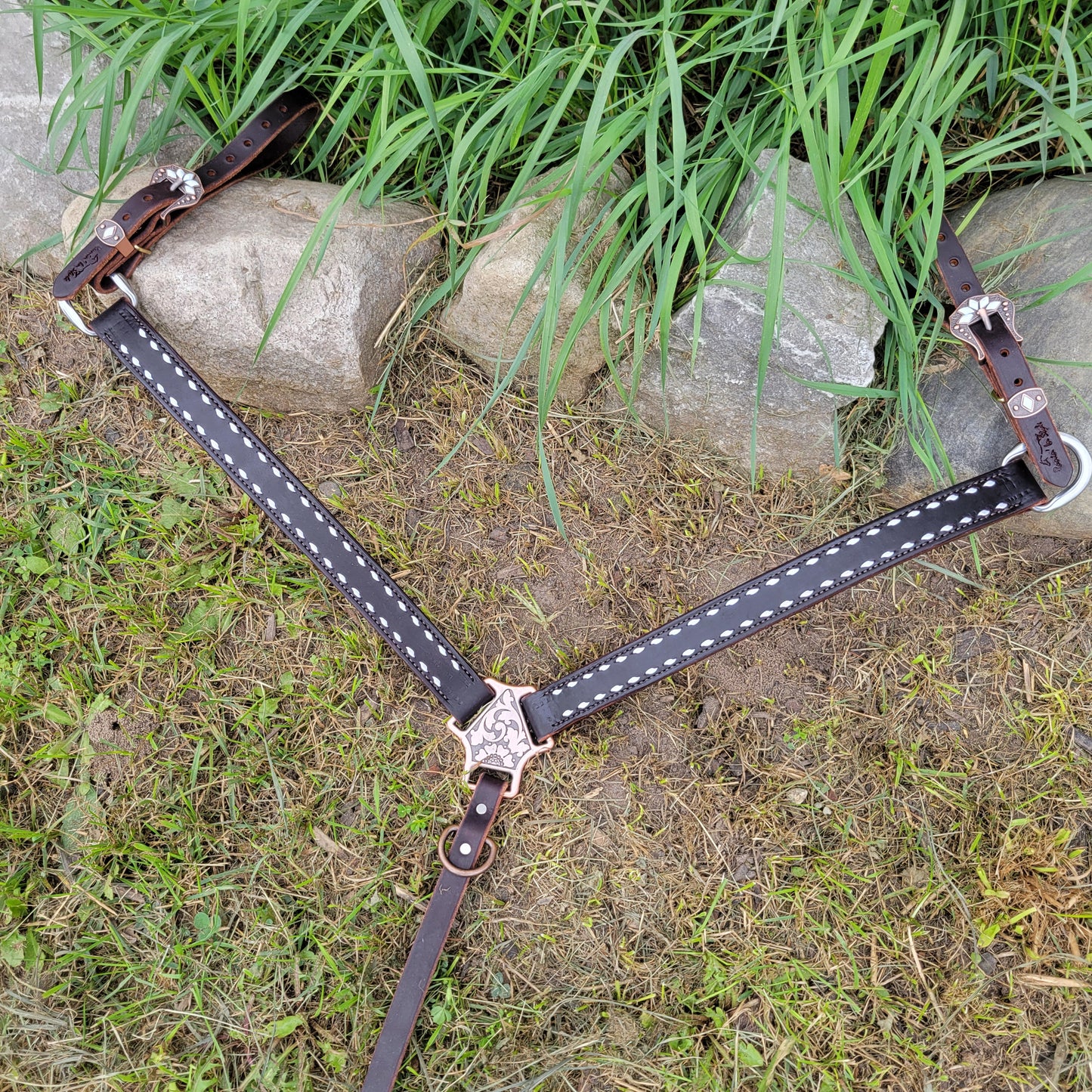 White Cactus Floral Buckstitched on Dark Chocolate Breast Collar
