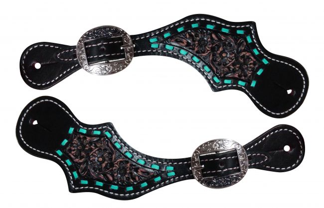 Showman Ladies Teal Buckstitch Tooled Spur Strap