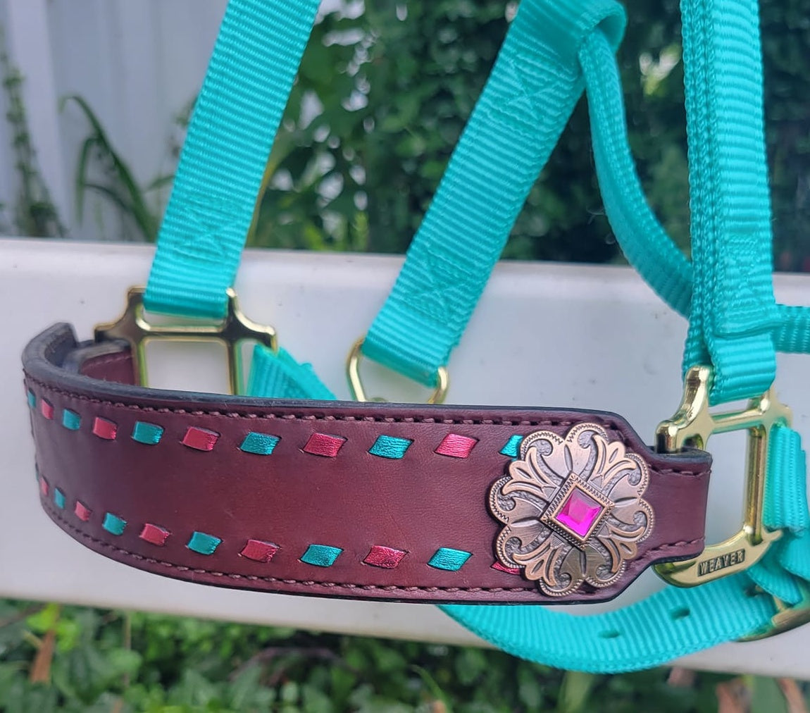 Metallic Pink/Turquoise Buckstitched Noseband on Halter