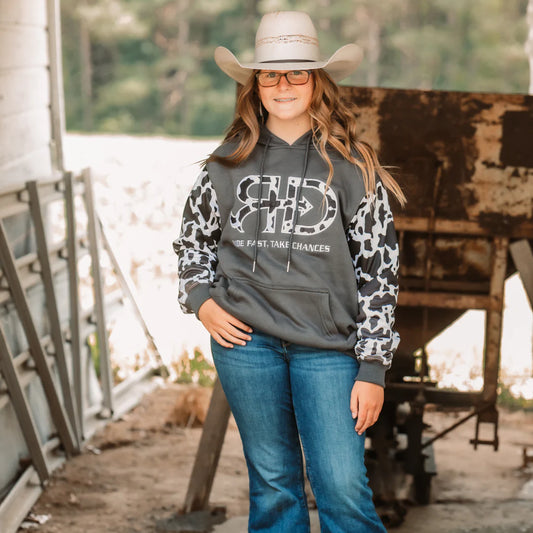 Rocket Donkey Hoodie Dark Grey Cow Print