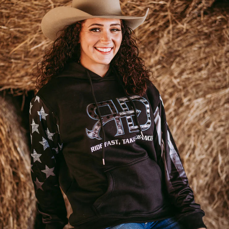 Rocket Donkey Hoodie Black/Grey Distressed American Flag