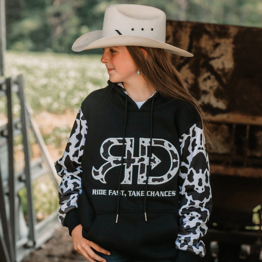 Rocket Donkey Hoodie Black Cow Print