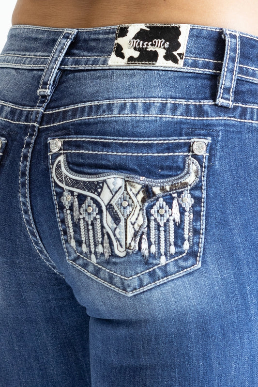 Miss Me 34" Embroidered Cow Head Mid Rise Boot Cut Jean