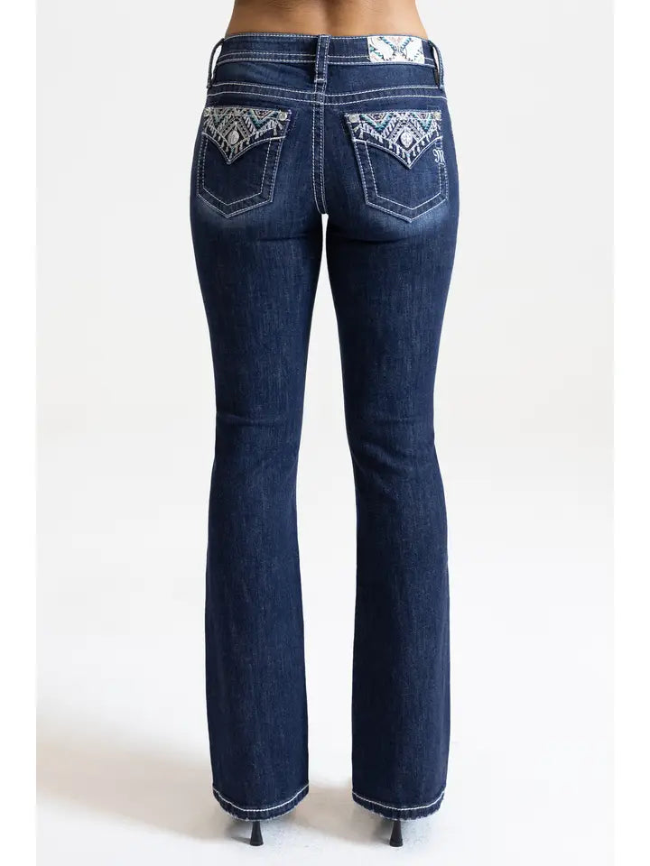 Miss Me 34" Aztec Embroidered Mid-Rise Boot Cut Jeans