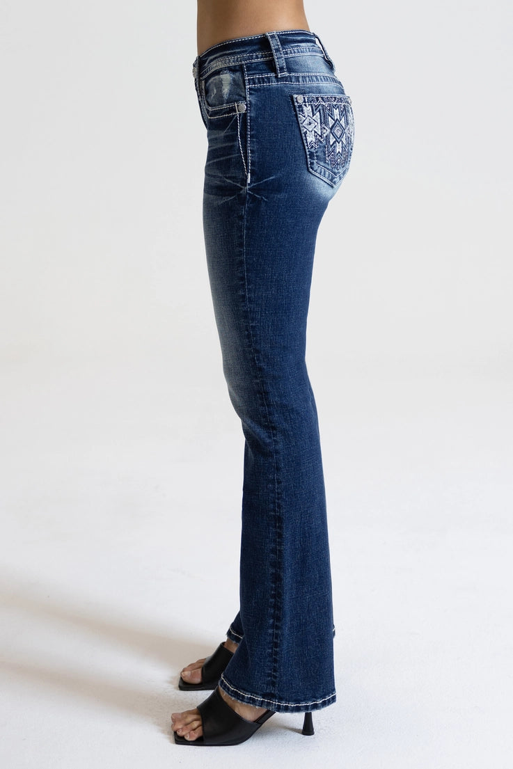 Miss Me 34" Aztec Embroidered Mid Rise Boot Cut Jean