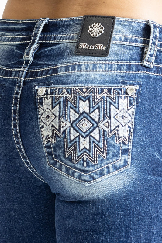 Miss Me 34" Aztec Embroidered Mid Rise Boot Cut Jean