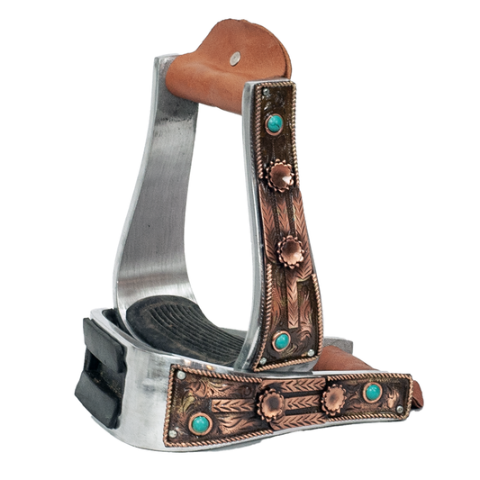 2" Aluminum Copper & Turquoise Flowers Barrel Stirrups