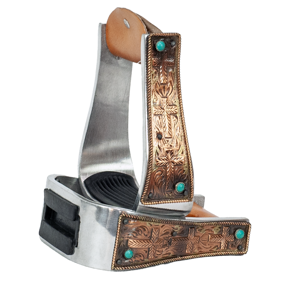 2" Aluminum Copper & Turquoise Cross Barrel Stirrups