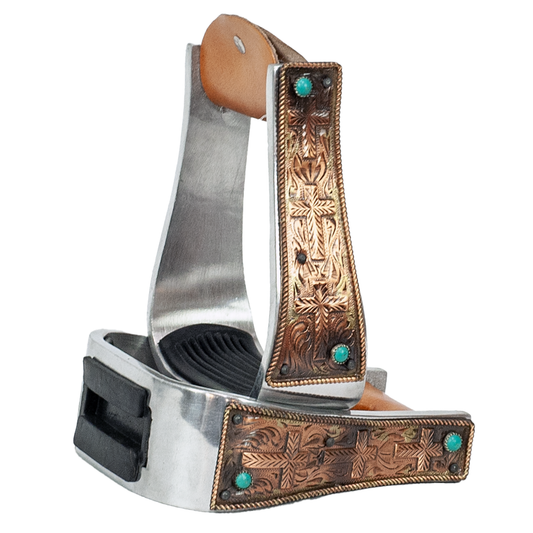 2" Aluminum Copper & Turquoise Cross Barrel Stirrups
