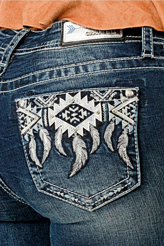Grace In LA Aztec Motif Embroidery Mid-Rise Boot Cut 34"