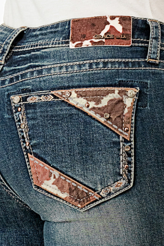 Grace In LA Hair on Hide Trim Mid-Rise Boot Cut 36"