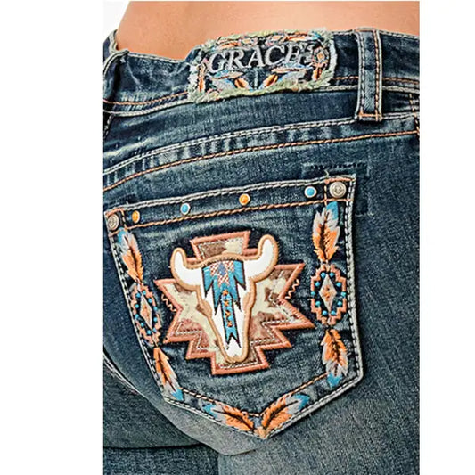 Grace In LA Steer Head Embroidery Mid-Rise Boot Cut 34"
