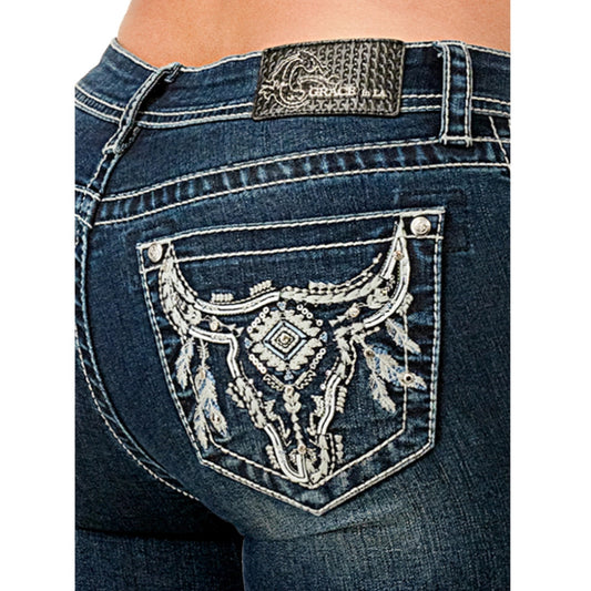 Grace In LA Embroidered Steerhead Mid-Rise Boot Cut 30"