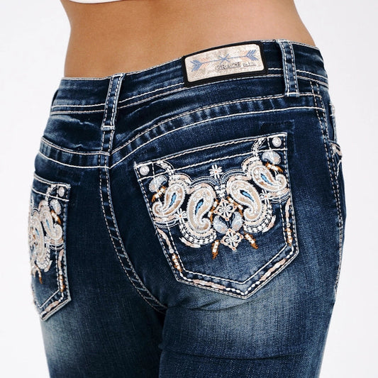 Grace In LA Steer Paisley Aztec Mid-Rise Boot Cut 34"