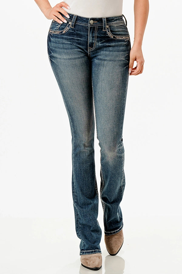 Grace In LA Hair on Hide Trim Mid-Rise Boot Cut 36"