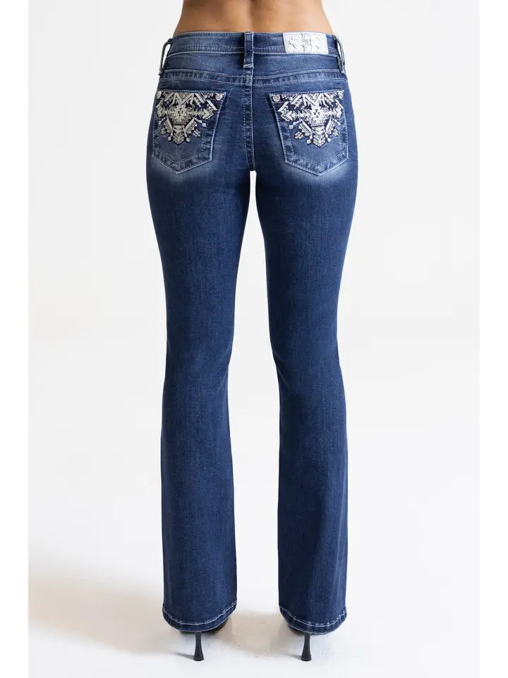 Miss Me 34" Embroidered Americana Mid Rise Boot Cut Jean
