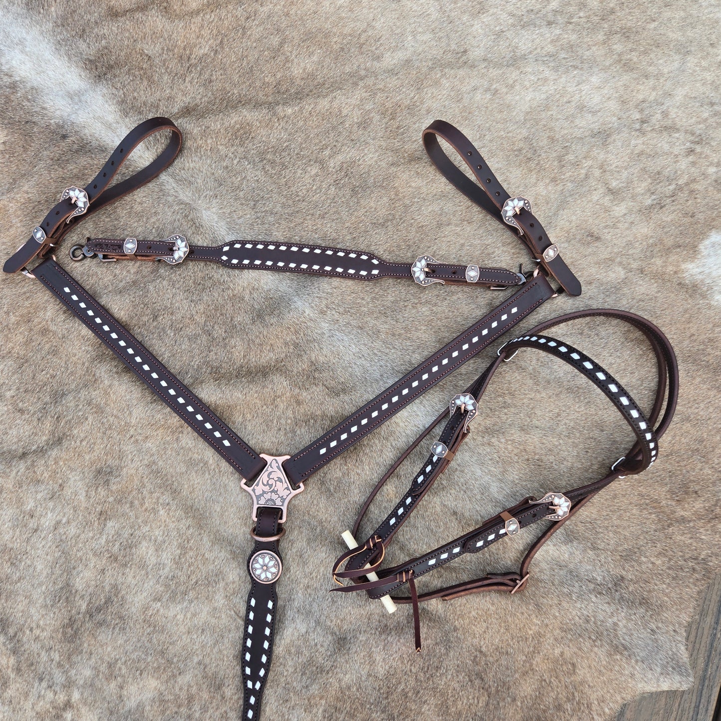 White Cactus Flower Buckstitch Dark Chocolate Tack Set