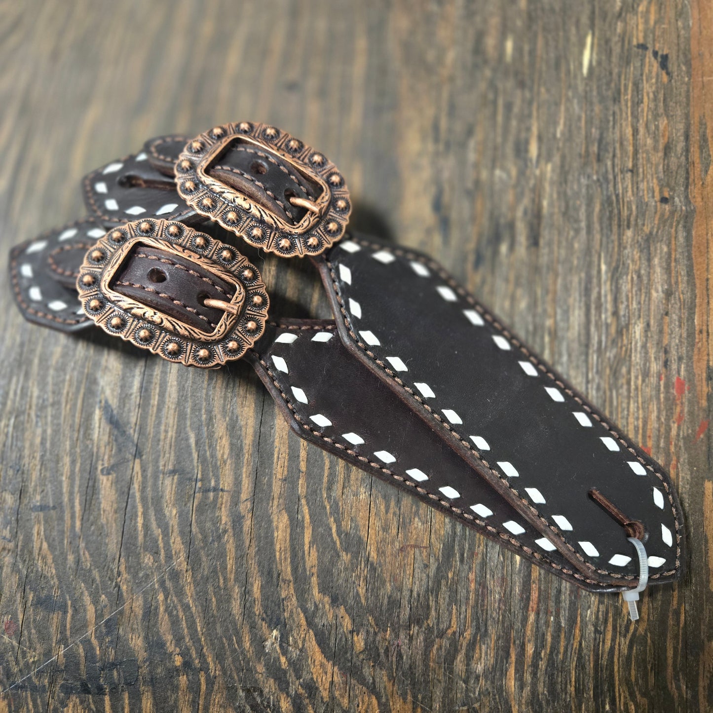 Chocolate & Thin White Buckstitch Belt Style Spur Straps