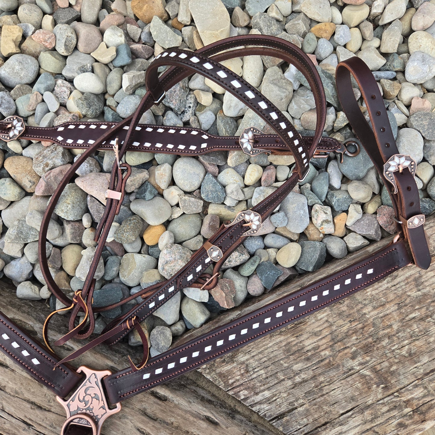 White Cactus Flower Buckstitch Dark Chocolate Tack Set