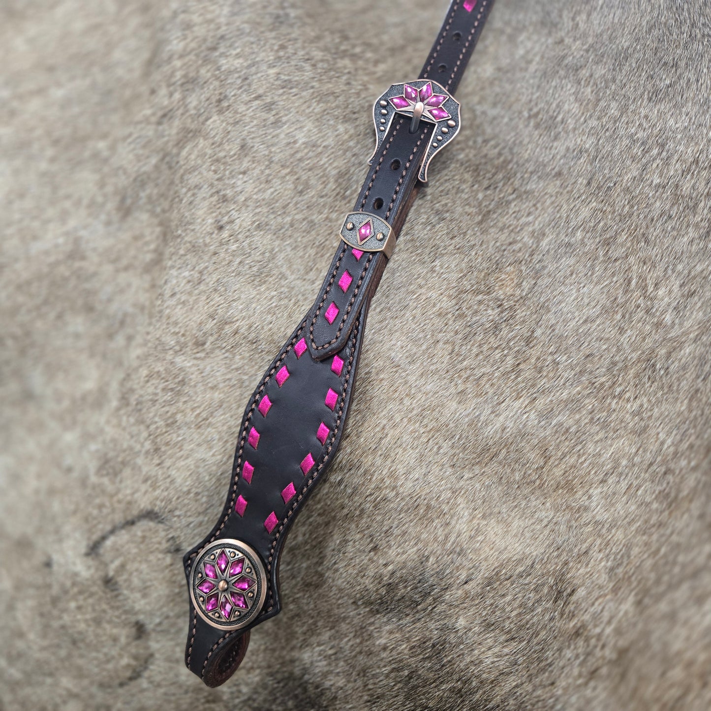 Metallic Pink Buckstitched One Ear Headstall