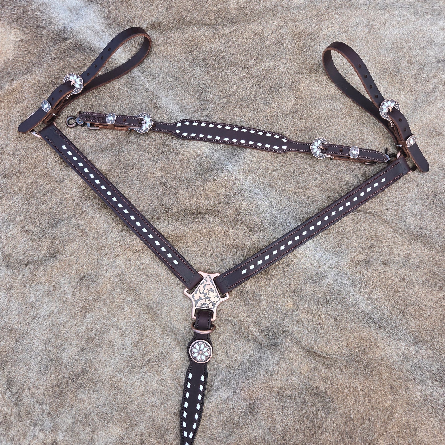 White Cactus Flower Buckstitch Dark Chocolate Tack Set