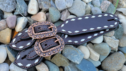 Chocolate & White Buckstitch Belt Style Spur Straps