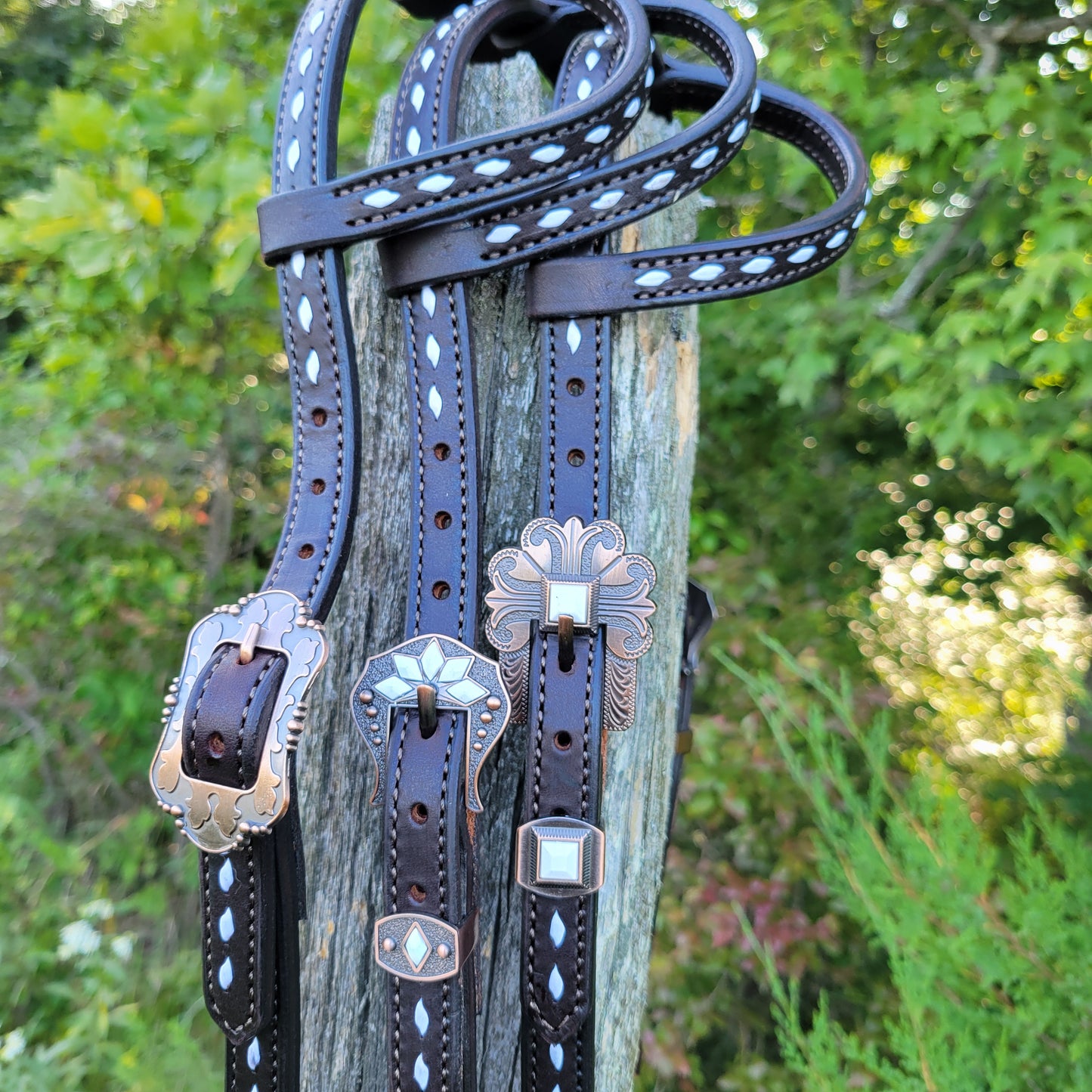 Dark Chocolate Tie End One Ear Headstalls with White Buckstitching