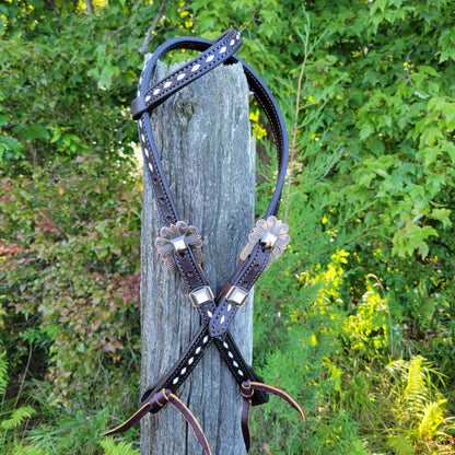 Dark Chocolate Tie End One Ear Headstalls with White Buckstitching