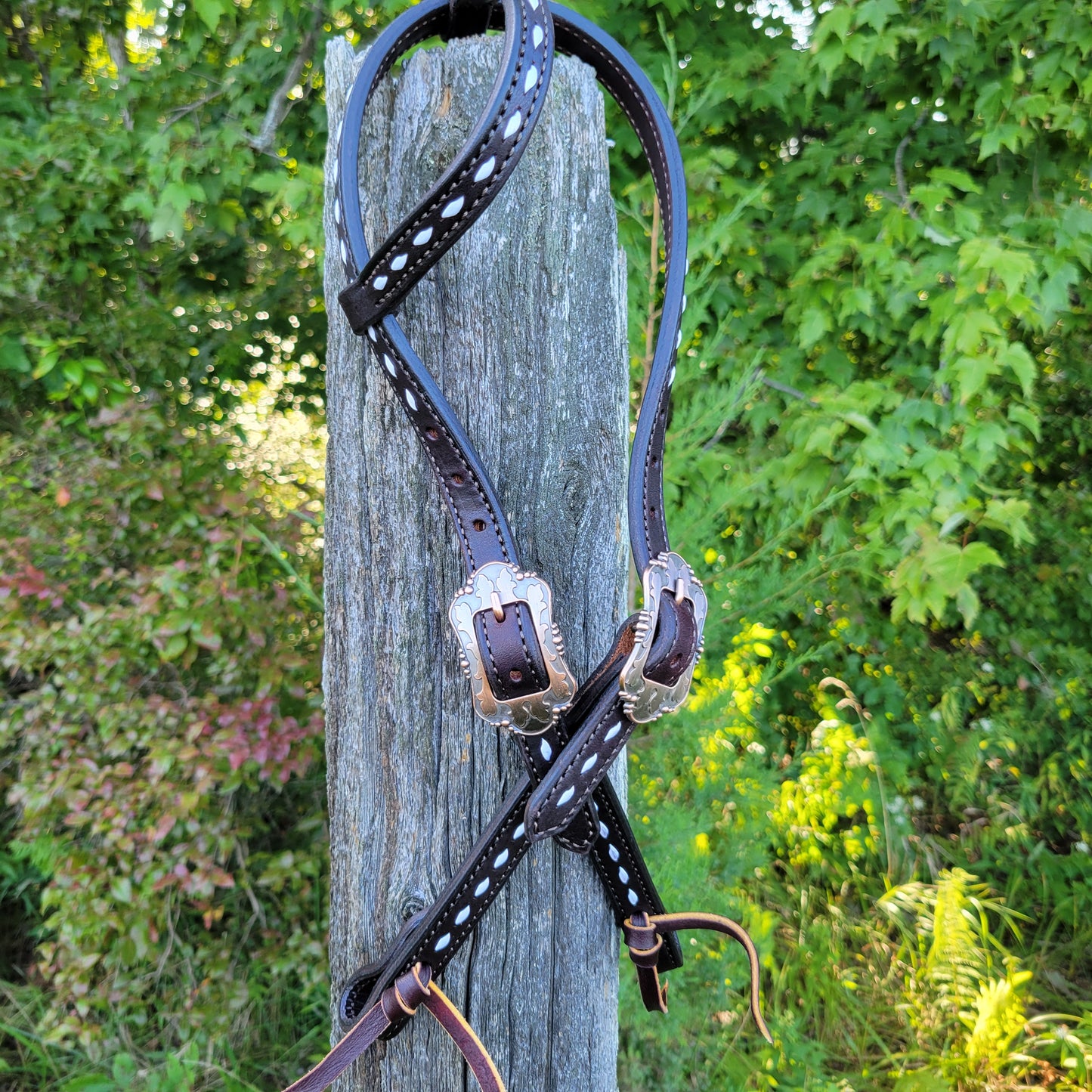 Dark Chocolate Tie End One Ear Headstalls with White Buckstitching