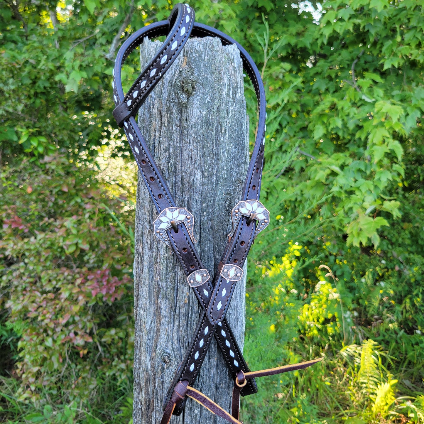 Dark Chocolate Tie End One Ear Headstalls with White Buckstitching