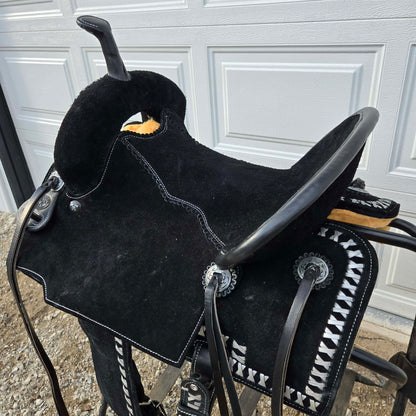14" Tomahawk  Black Suede Lightweight X-Buckstitch Barrel Saddle