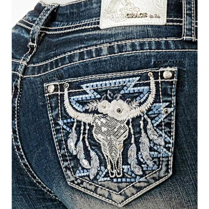 Grace In LA Floral Steer Head Aztec Mid-Rise Boot Cut 34"
