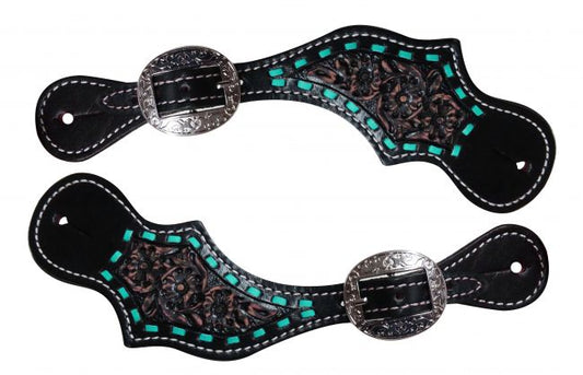 Showman Ladies Teal Buckstitch Tooled Spur Strap