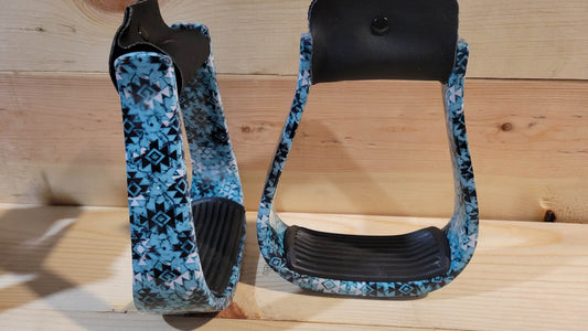 Turquoise Aztec Cowhide Patterned Stirrups