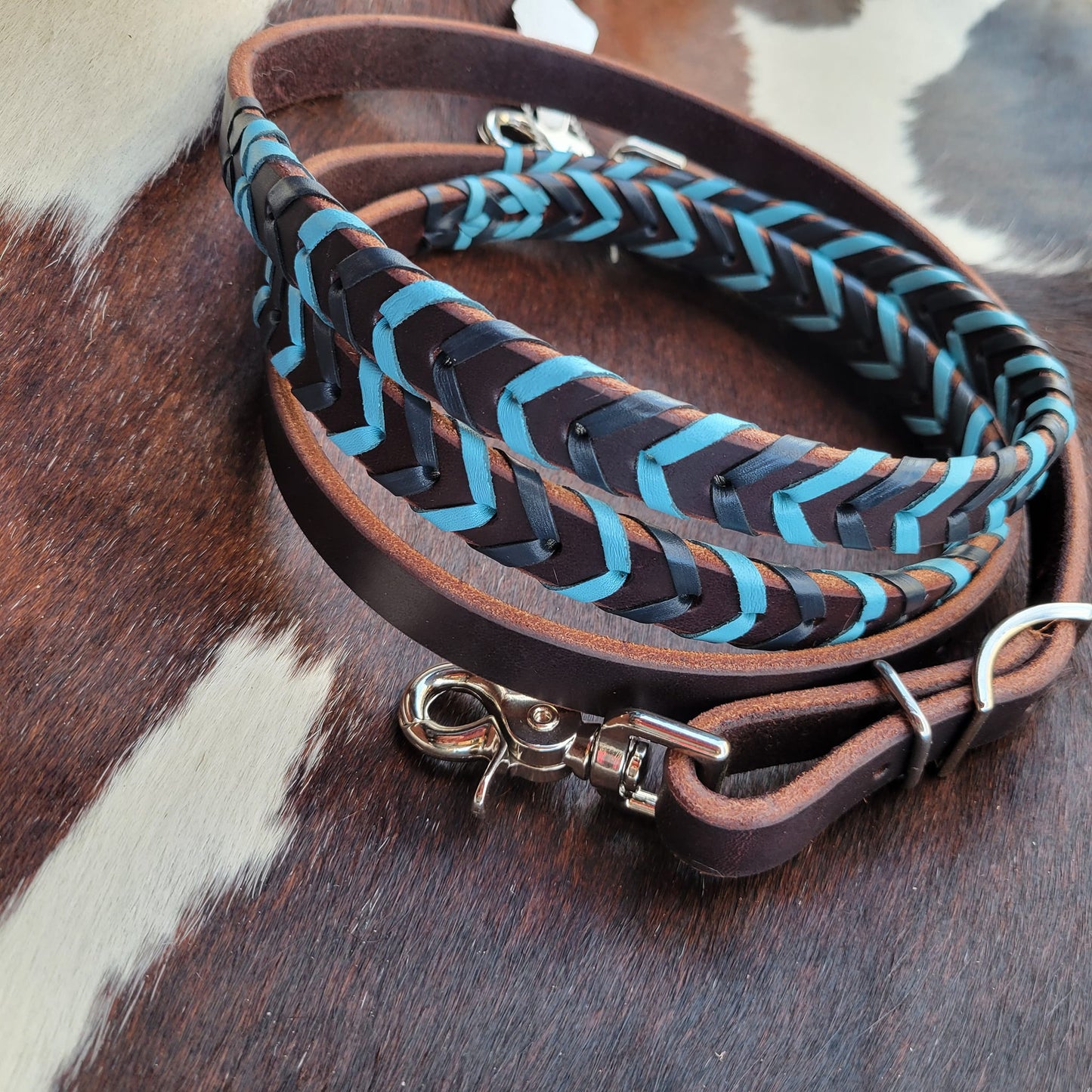 Chocolate Sky Blue & Navy Laced Barrel Rein