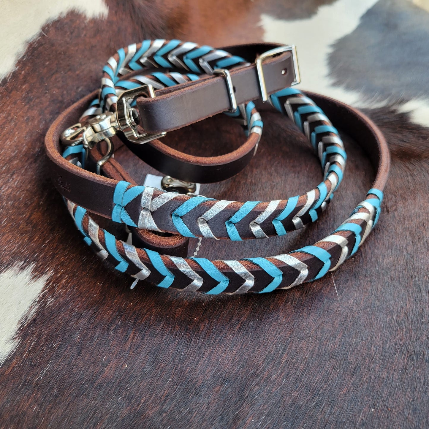 Chocolate Sky Blue/Silver Metallic Laced Barrel Reins