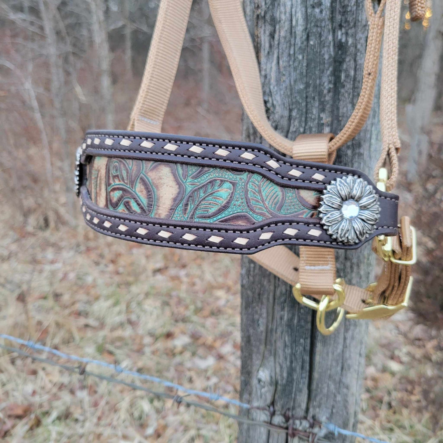 Floral Mocha Turquoise Croc Inlaid Noseband on Halter