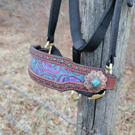 Floral Croc Metallic Hot Pink Inlaid Noseband on Halter