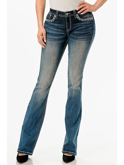 Grace In LA Floral Steer Head Aztec Mid-Rise Boot Cut 34"
