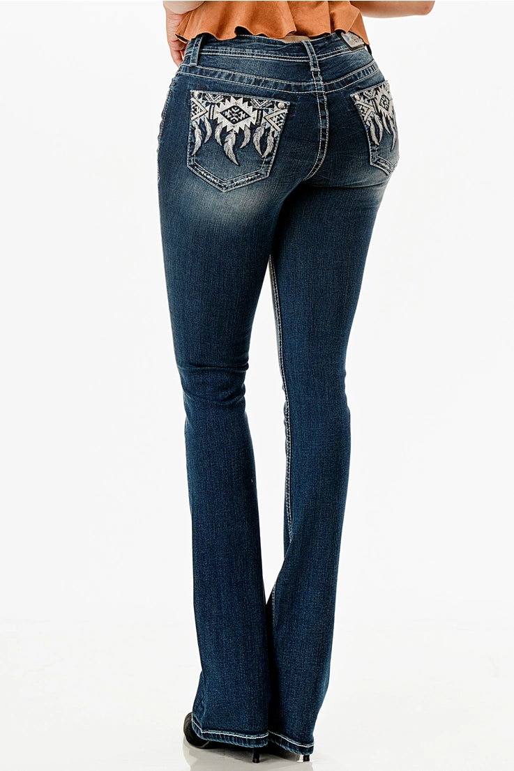 Grace In LA Aztec Motif Embroidery Mid-Rise Boot Cut 34"