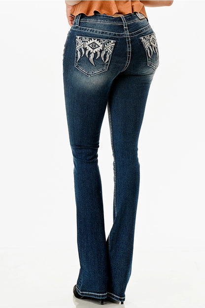 Grace In LA Aztec Motif Embroidery Mid-Rise Boot Cut 34"