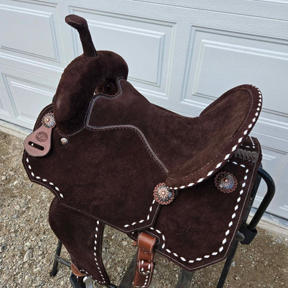 14.5" Tomahawk  Brown Suede Lightweight Buckstitch Barrel Saddle
