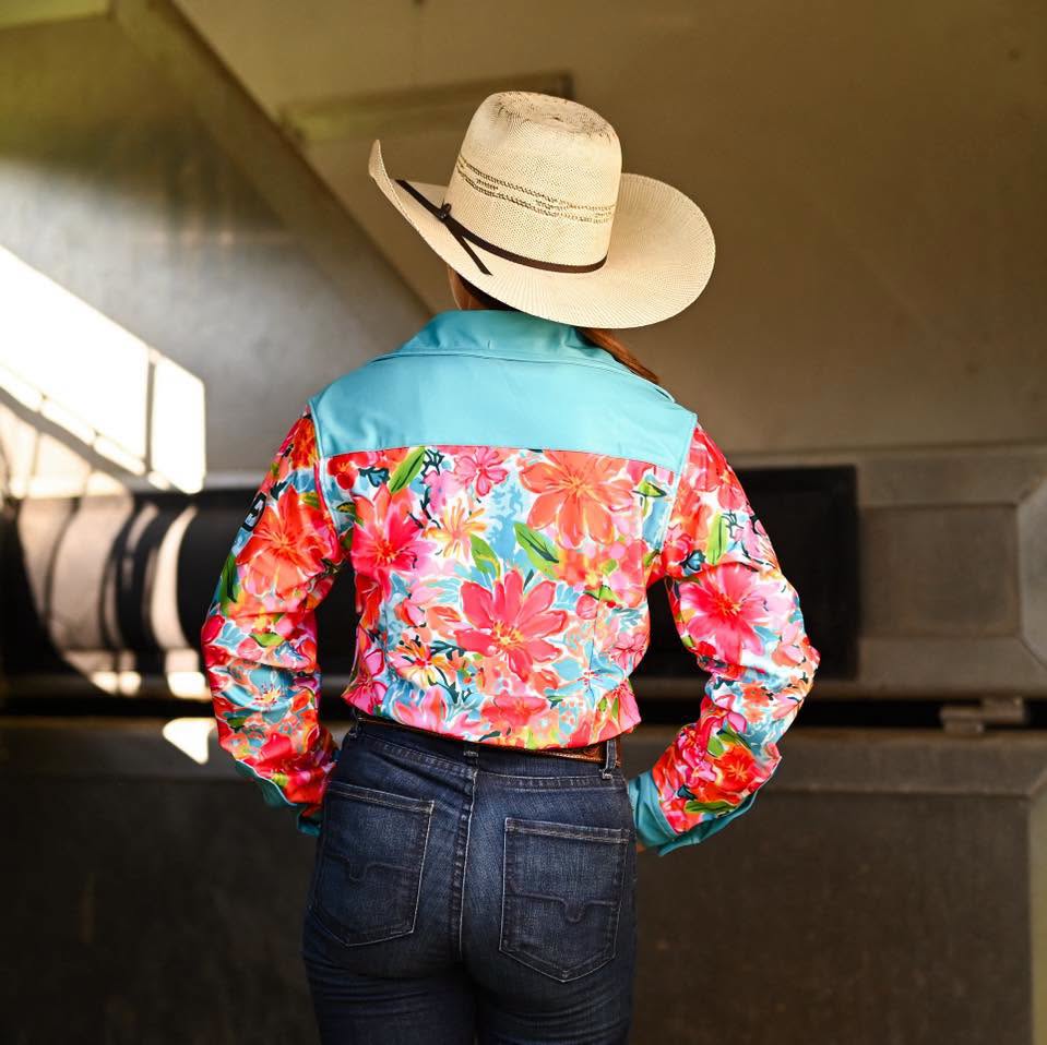 Rocket Donkey Teal Floral Rodeo Shirt