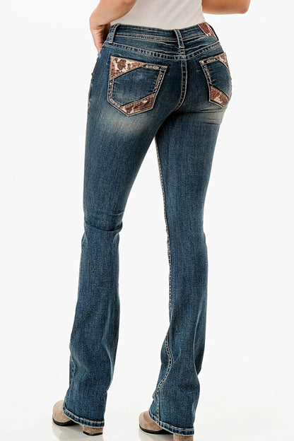 Grace In LA Hair on Hide Trim Mid-Rise Boot Cut 36"