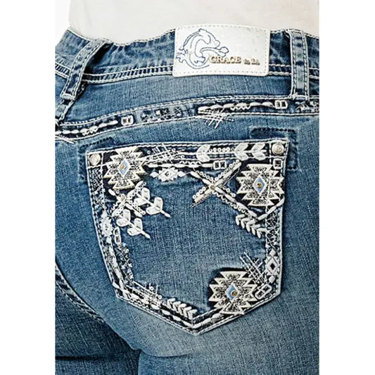 Grace In LA Aztec Embroidery Mid-Rise Boot Cut 34"