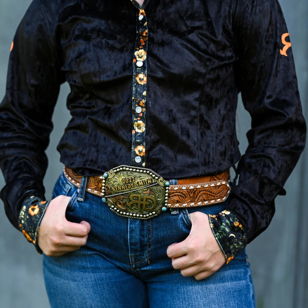 Rocket Donkey Velvet Orange Floral Rodeo Shirt