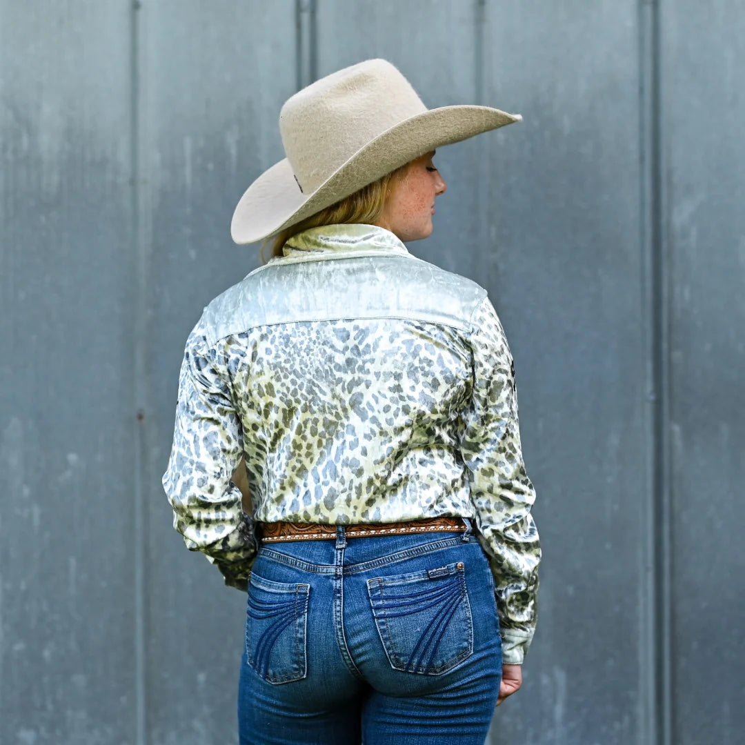 Rocket Donkey Velvet Snow Leopard Rodeo Shirt